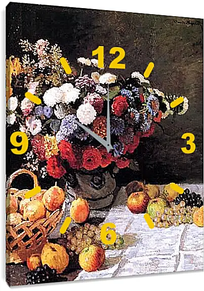 Часы картина - Still-Life with Flowers and Fruits. Клод Моне