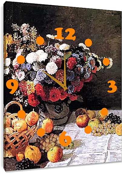 Часы картина - Still-Life with Flowers and Fruits. Клод Моне