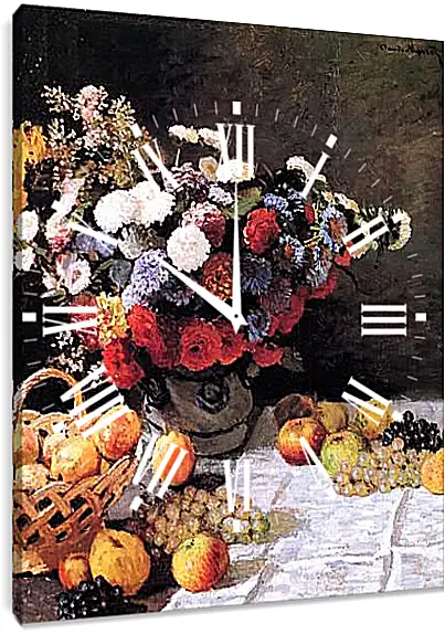 Часы картина - Still-Life with Flowers and Fruits. Клод Моне