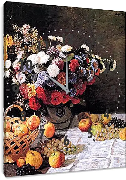 Часы картина - Still-Life with Flowers and Fruits. Клод Моне