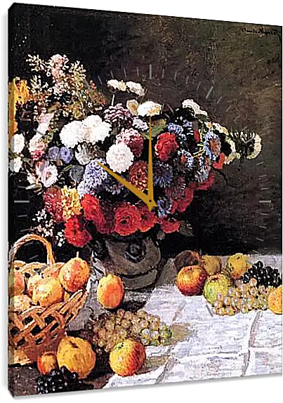 Часы картина - Still-Life with Flowers and Fruits. Клод Моне