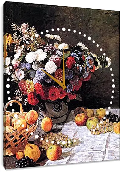 Часы картина - Still-Life with Flowers and Fruits. Клод Моне