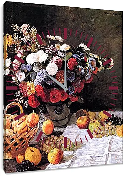 Часы картина - Still-Life with Flowers and Fruits. Клод Моне