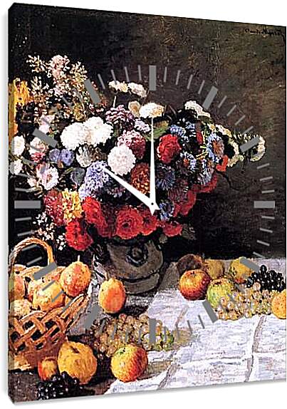 Часы картина - Still-Life with Flowers and Fruits. Клод Моне