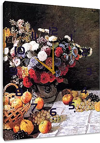 Часы картина - Still-Life with Flowers and Fruits. Клод Моне