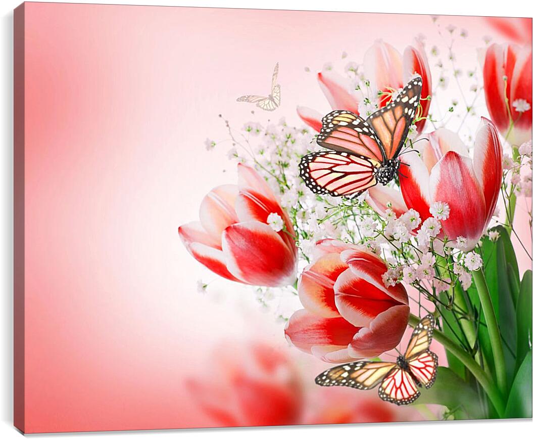 Постер и плакат - Бабочки и тюльпаны