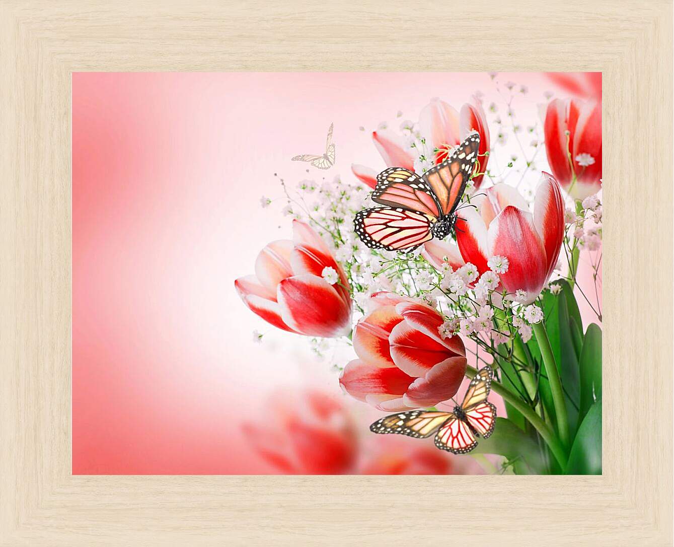 Картина в раме - Бабочки и тюльпаны
