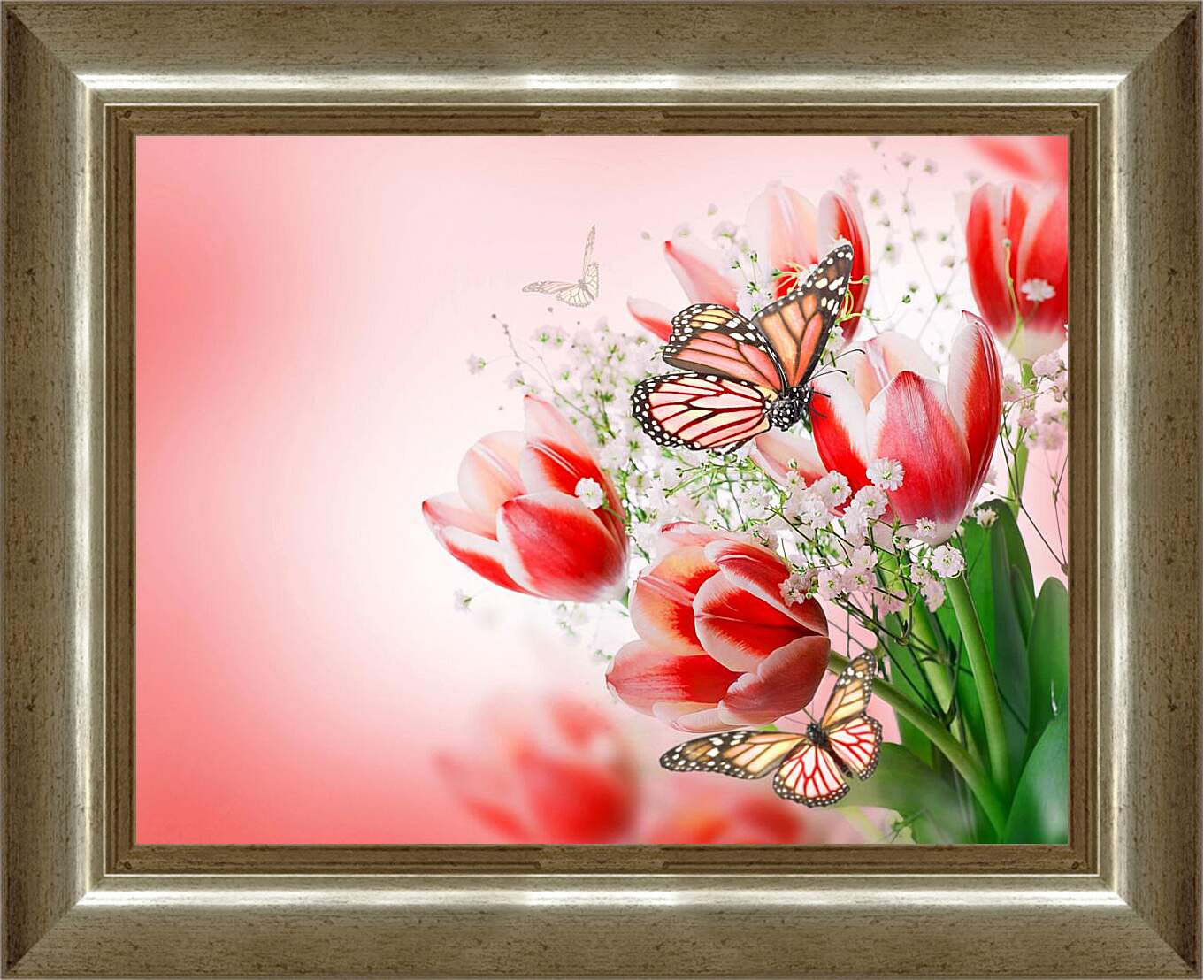 Картина в раме - Бабочки и тюльпаны