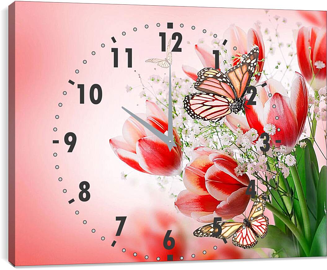 Часы картина - Бабочки и тюльпаны