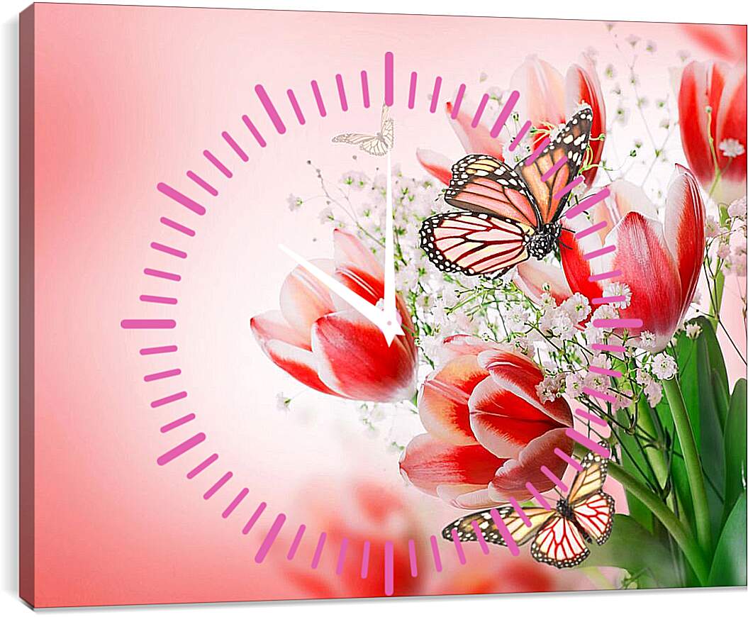 Часы картина - Бабочки и тюльпаны
