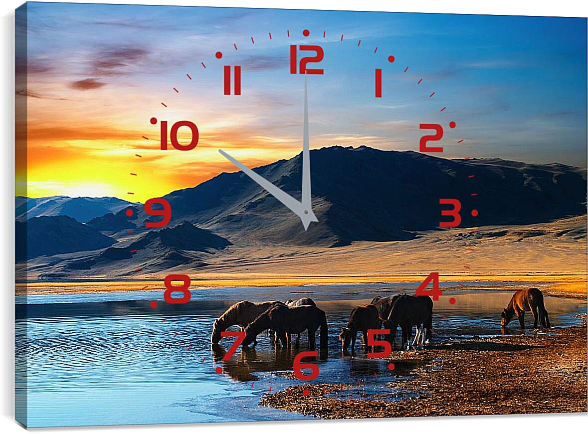 Часы картина - Кони на водопое