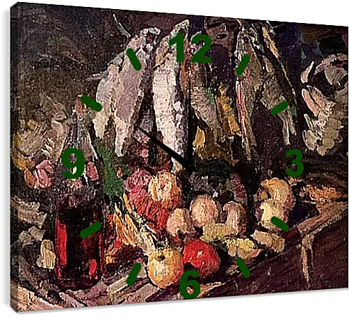 Часы картина - Рыбы, вино и фрукты. Коровин Константин