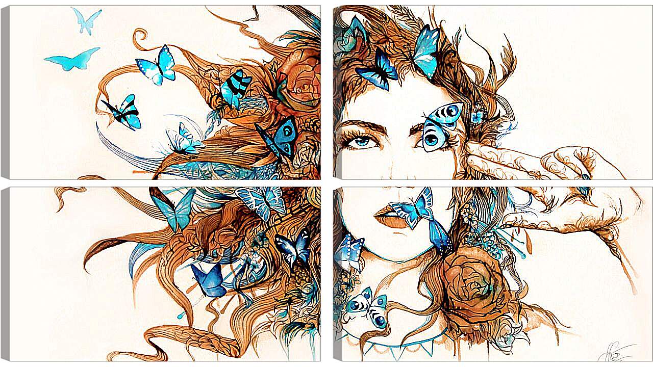 Модульная картина - Бабочки и девушка