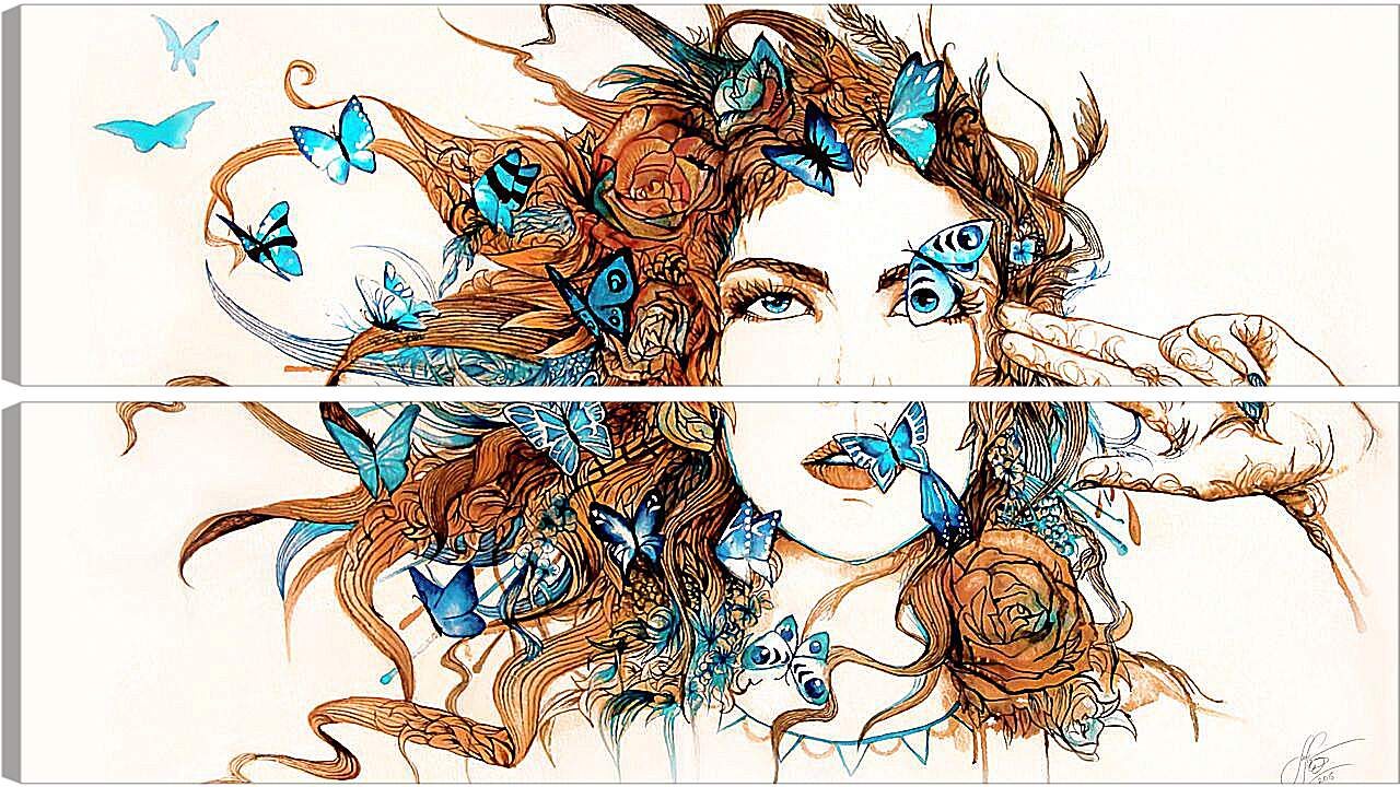 Модульная картина - Бабочки и девушка