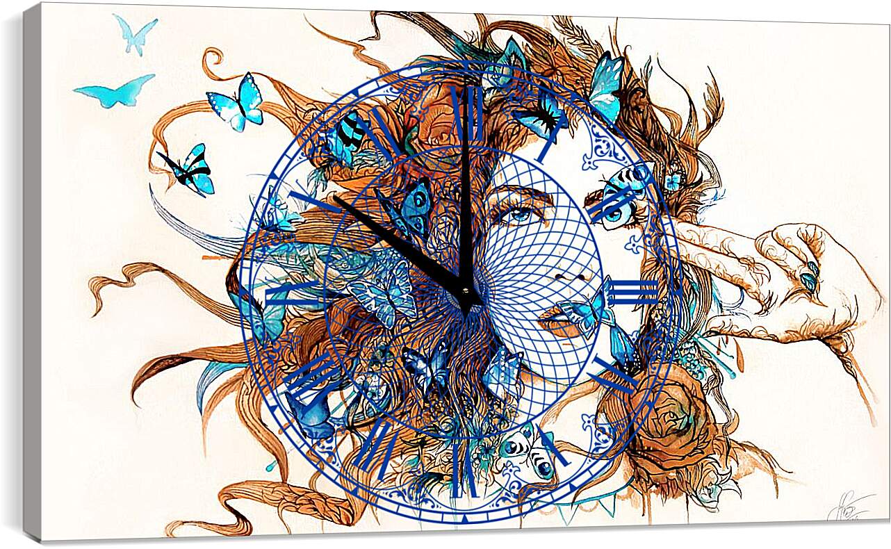 Часы картина - Бабочки и девушка