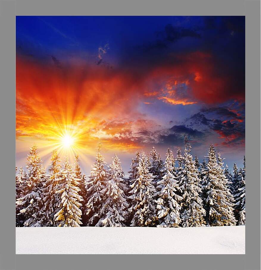 Картина в раме - Красный закат зимой