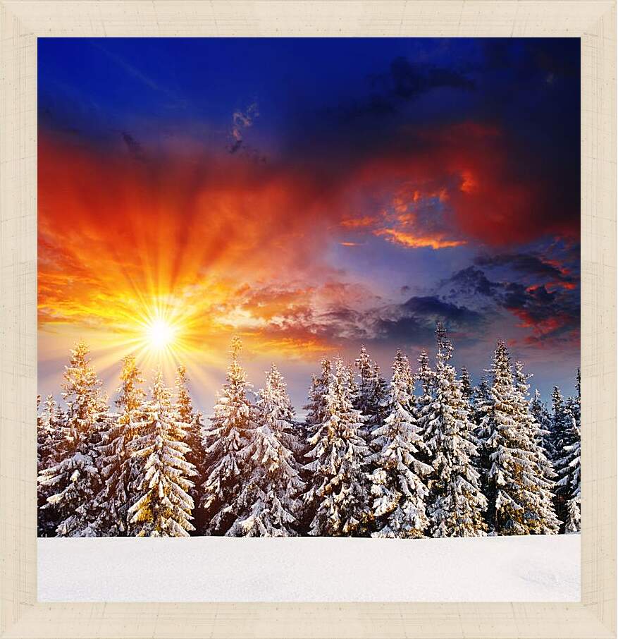 Картина в раме - Красный закат зимой