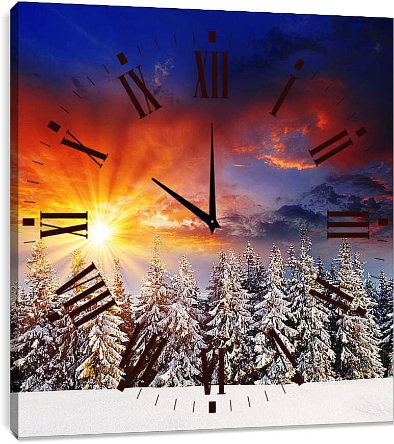 Часы картина - Красный закат зимой