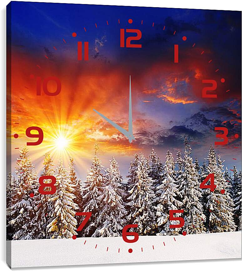 Часы картина - Красный закат зимой