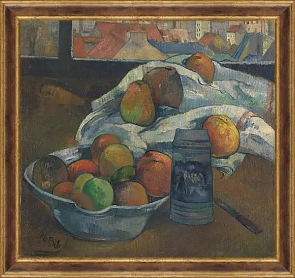 Картина в раме - Bowl of Fruit and Tankard before a Window. Поль Гоген