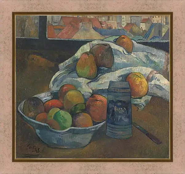 Картина в раме - Bowl of Fruit and Tankard before a Window. Поль Гоген