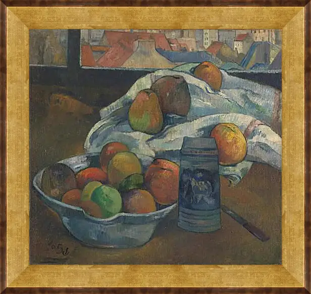 Картина в раме - Bowl of Fruit and Tankard before a Window. Поль Гоген