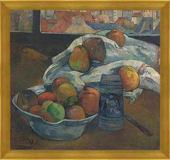 Картина в раме - Bowl of Fruit and Tankard before a Window. Поль Гоген