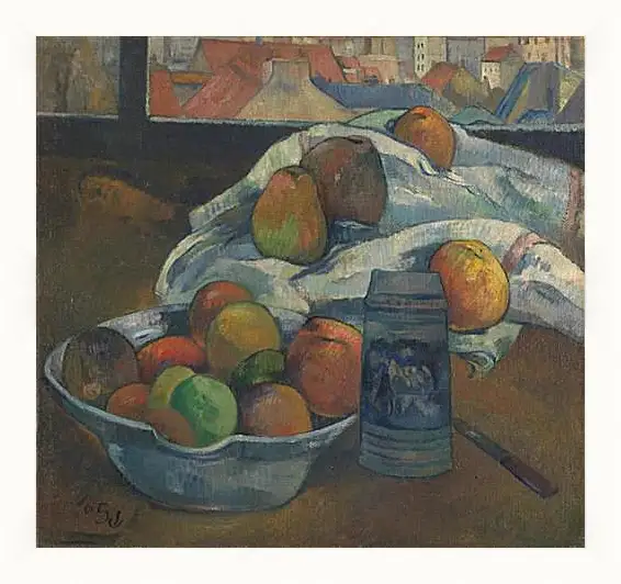 Картина в раме - Bowl of Fruit and Tankard before a Window. Поль Гоген