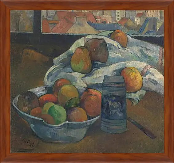 Картина в раме - Bowl of Fruit and Tankard before a Window. Поль Гоген