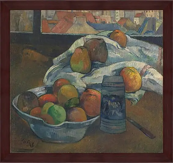 Картина в раме - Bowl of Fruit and Tankard before a Window. Поль Гоген