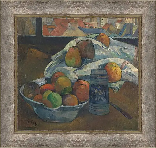 Картина в раме - Bowl of Fruit and Tankard before a Window. Поль Гоген