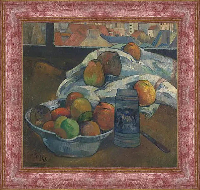 Картина в раме - Bowl of Fruit and Tankard before a Window. Поль Гоген