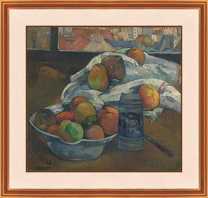 Картина в раме - Bowl of Fruit and Tankard before a Window. Поль Гоген
