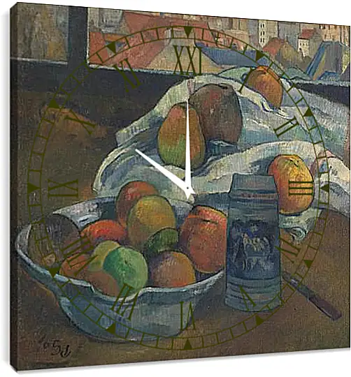 Часы картина - Bowl of Fruit and Tankard before a Window. Поль Гоген