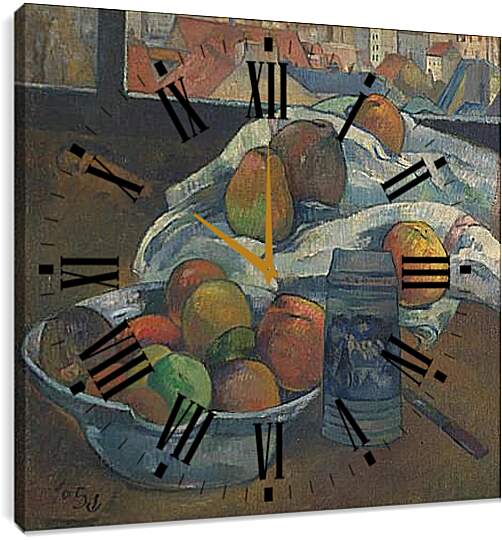 Часы картина - Bowl of Fruit and Tankard before a Window. Поль Гоген