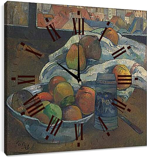 Часы картина - Bowl of Fruit and Tankard before a Window. Поль Гоген