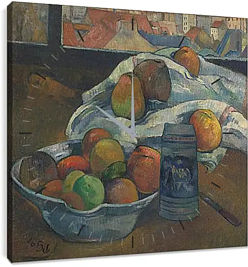 Часы картина - Bowl of Fruit and Tankard before a Window. Поль Гоген