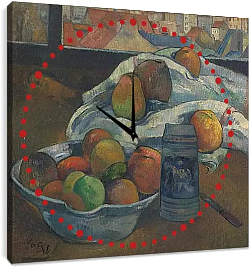 Часы картина - Bowl of Fruit and Tankard before a Window. Поль Гоген