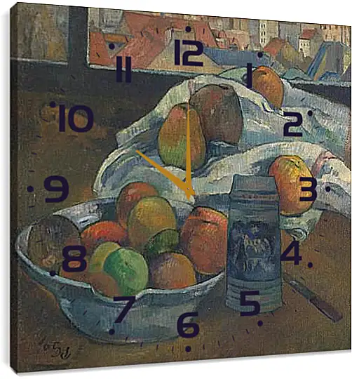 Часы картина - Bowl of Fruit and Tankard before a Window. Поль Гоген