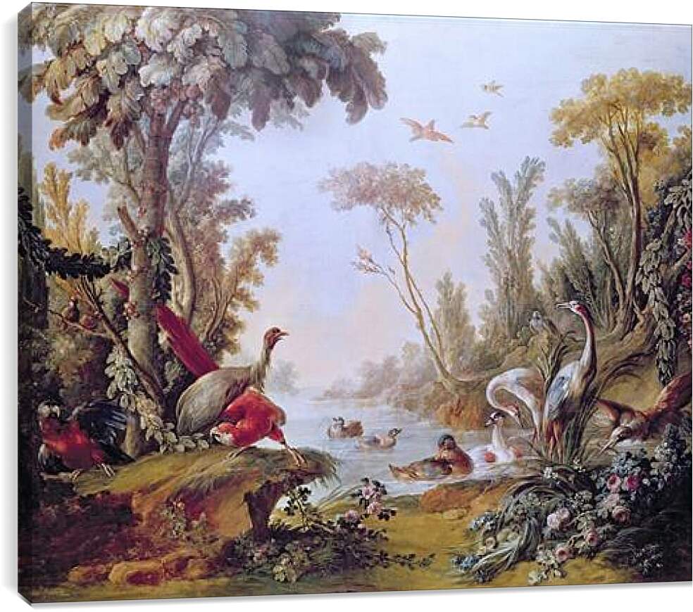 Постер и плакат - Lake with geese, storks, parrots and herons from the Salon of Gilles Demarteau. Франсуа Буше