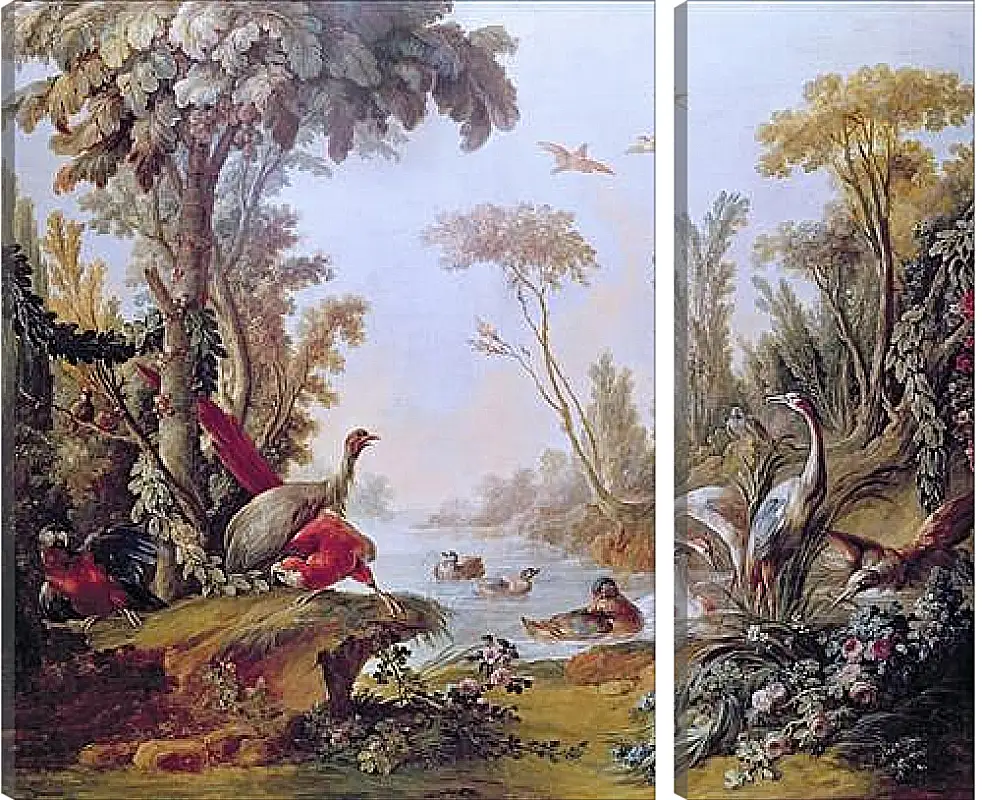 Модульная картина - Lake with geese, storks, parrots and herons from the Salon of Gilles Demarteau. Франсуа Буше