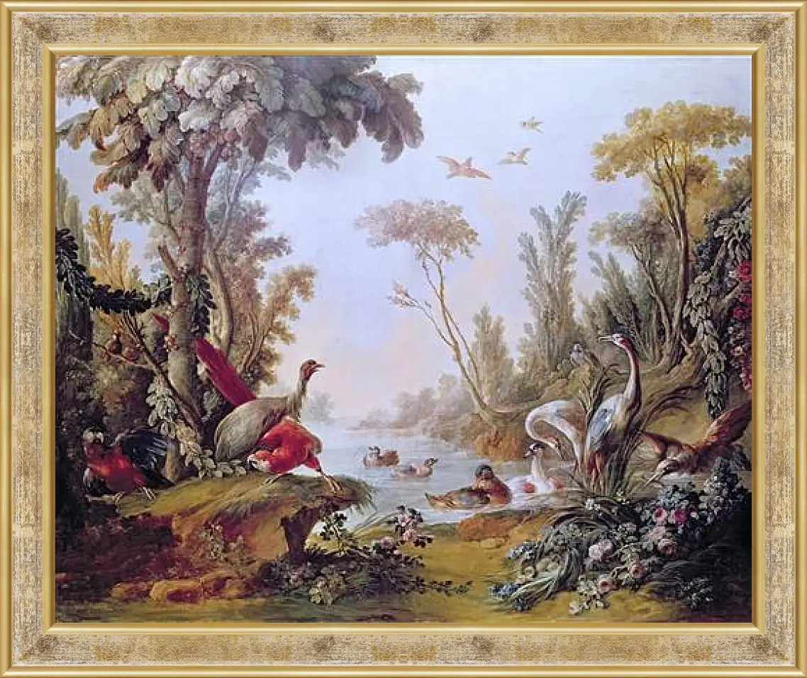 Картина в раме - Lake with geese, storks, parrots and herons from the Salon of Gilles Demarteau. Франсуа Буше