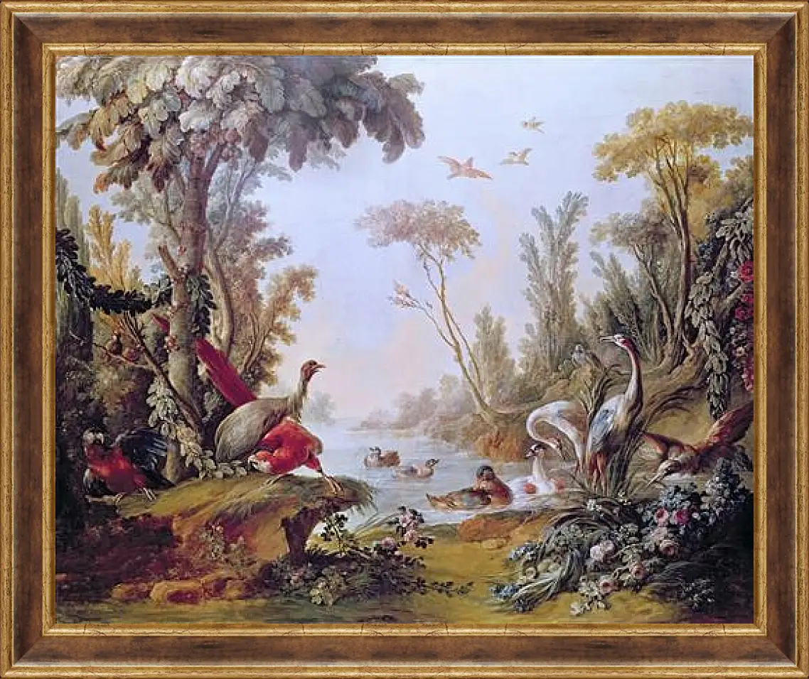 Картина в раме - Lake with geese, storks, parrots and herons from the Salon of Gilles Demarteau. Франсуа Буше