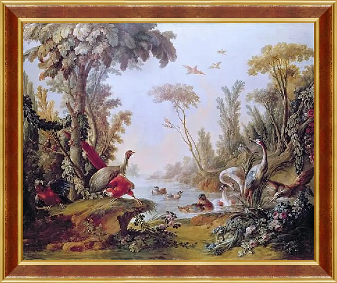 Картина в раме - Lake with geese, storks, parrots and herons from the Salon of Gilles Demarteau. Франсуа Буше