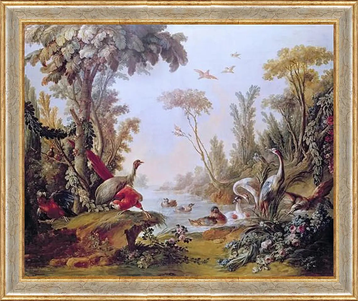 Картина в раме - Lake with geese, storks, parrots and herons from the Salon of Gilles Demarteau. Франсуа Буше