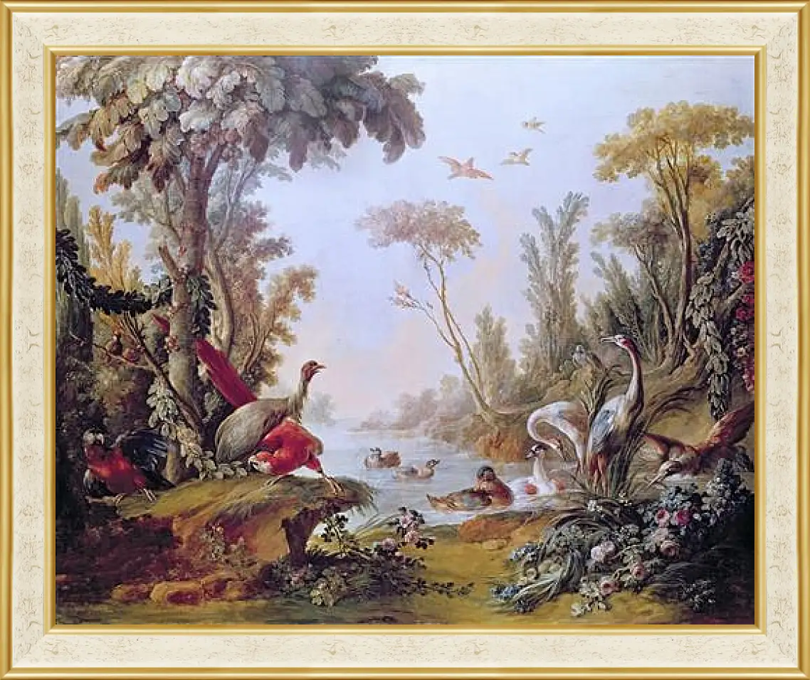 Картина в раме - Lake with geese, storks, parrots and herons from the Salon of Gilles Demarteau. Франсуа Буше