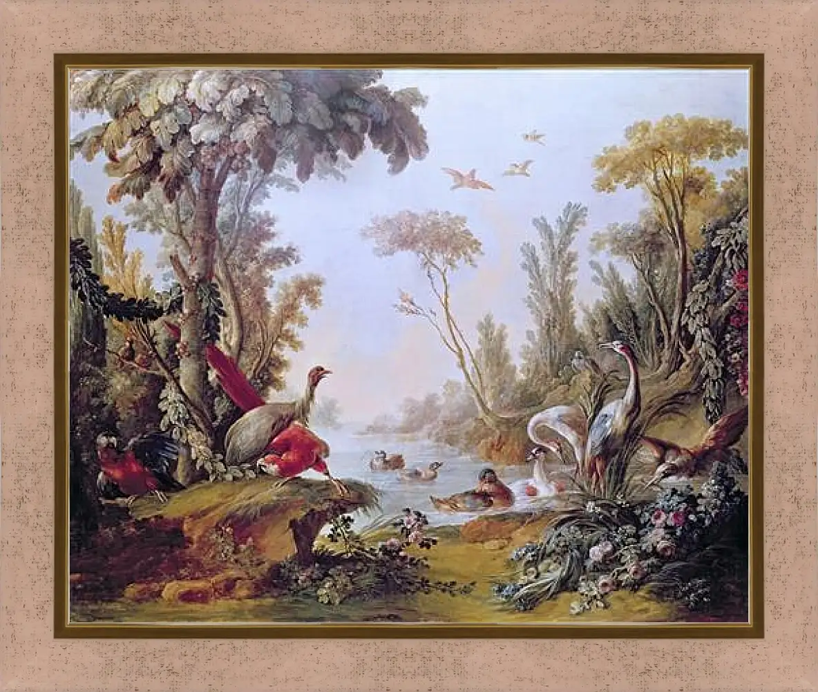 Картина в раме - Lake with geese, storks, parrots and herons from the Salon of Gilles Demarteau. Франсуа Буше