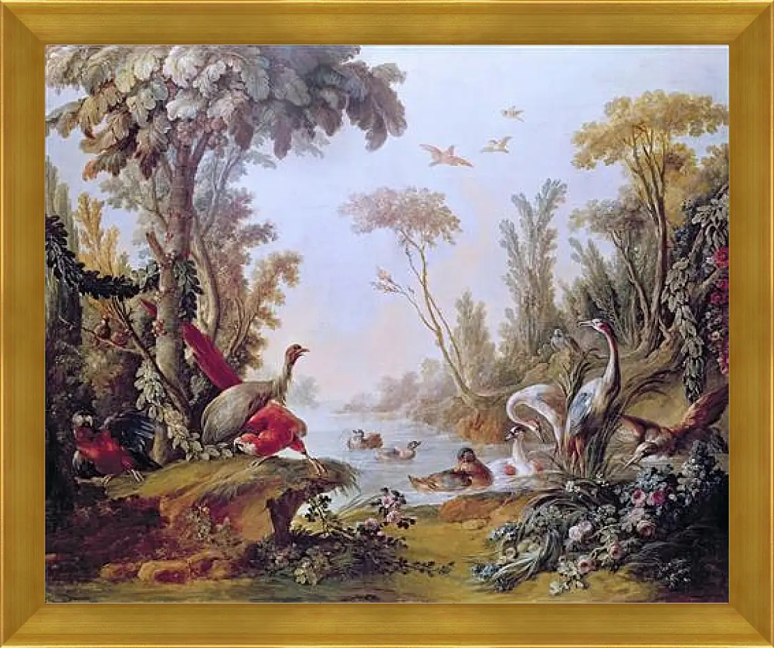 Картина в раме - Lake with geese, storks, parrots and herons from the Salon of Gilles Demarteau. Франсуа Буше