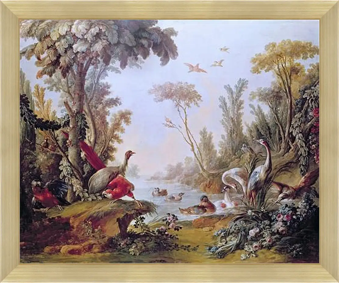 Картина в раме - Lake with geese, storks, parrots and herons from the Salon of Gilles Demarteau. Франсуа Буше