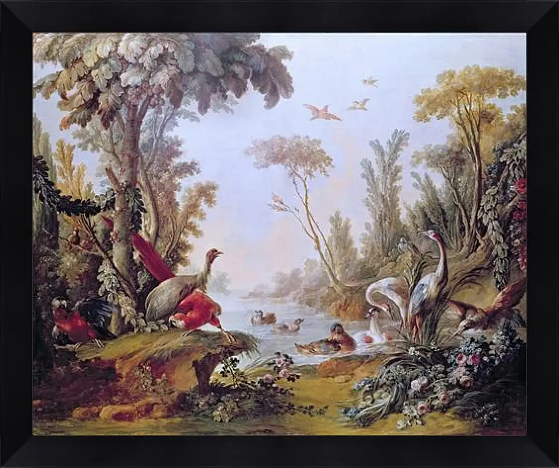 Картина в раме - Lake with geese, storks, parrots and herons from the Salon of Gilles Demarteau. Франсуа Буше